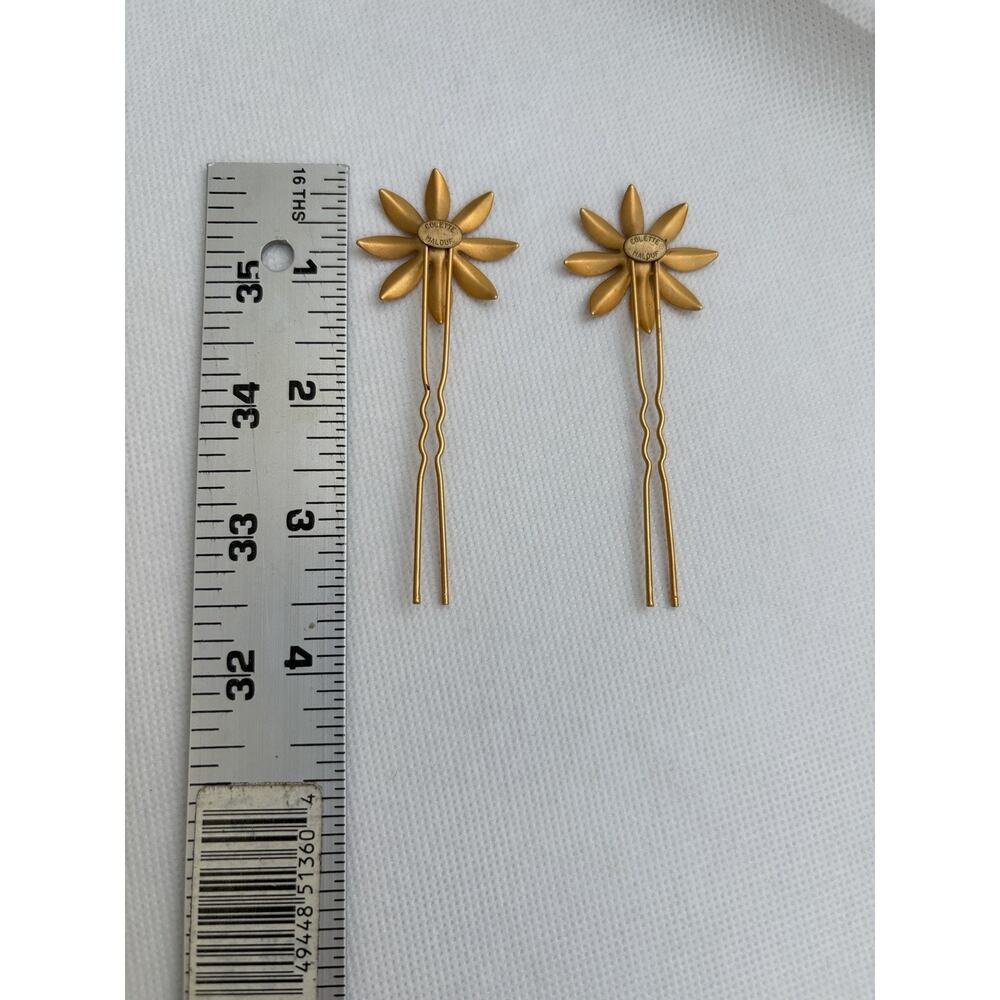 Colette Malouf Gold Tone Daisy Flower Hair Pins Pair Crystal Center Wedding Set - Picture 5 of 6